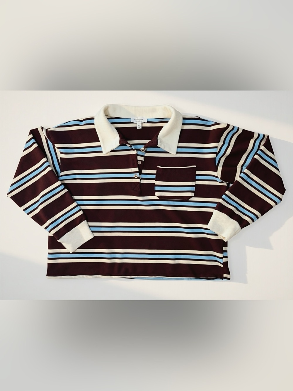 Kirious Los Angeles Striped Rugby Polo Top Brown Blue Cream | Medium | Fall Chic - Picture 2 of 5